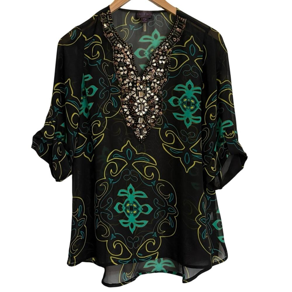 Hale Bob Sheer Jeweled Blouse Roll Tab Sleeves Women’s Size Petite Medium Boho